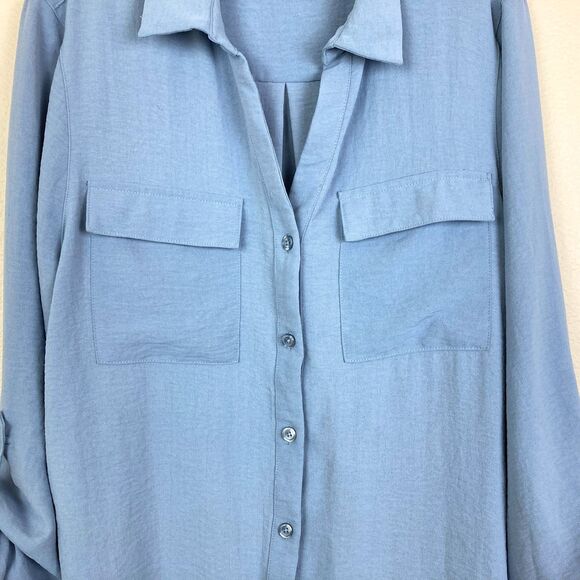 Zac & Rachel Women's V-Neck Button Up Blouse Size M Blue Roll Tab Sleeve Pockets - Picture 2 of 7